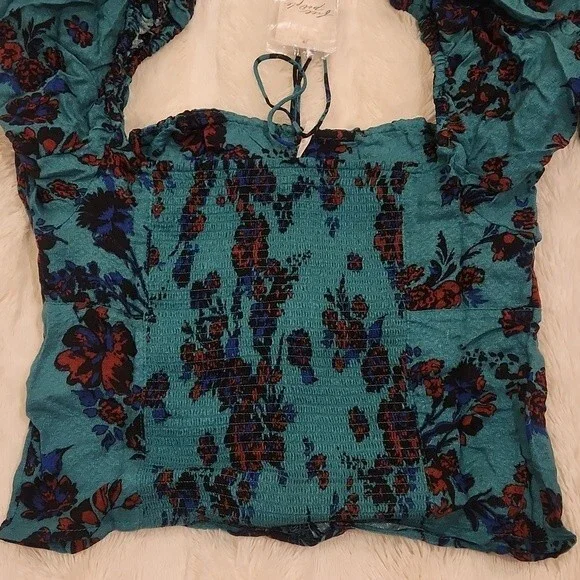 Free People Hilary Printed Top in green combo size S New With Tag - Picture 12 of 12